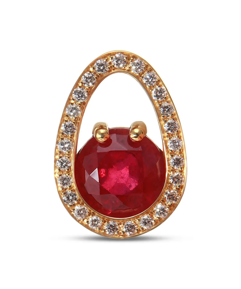 Pendentif Rubis Rouge Traité Rond 8.9mm et Diamants en Or Jaune 750 pour femme - Bijoux Trabbia Vuillermoz