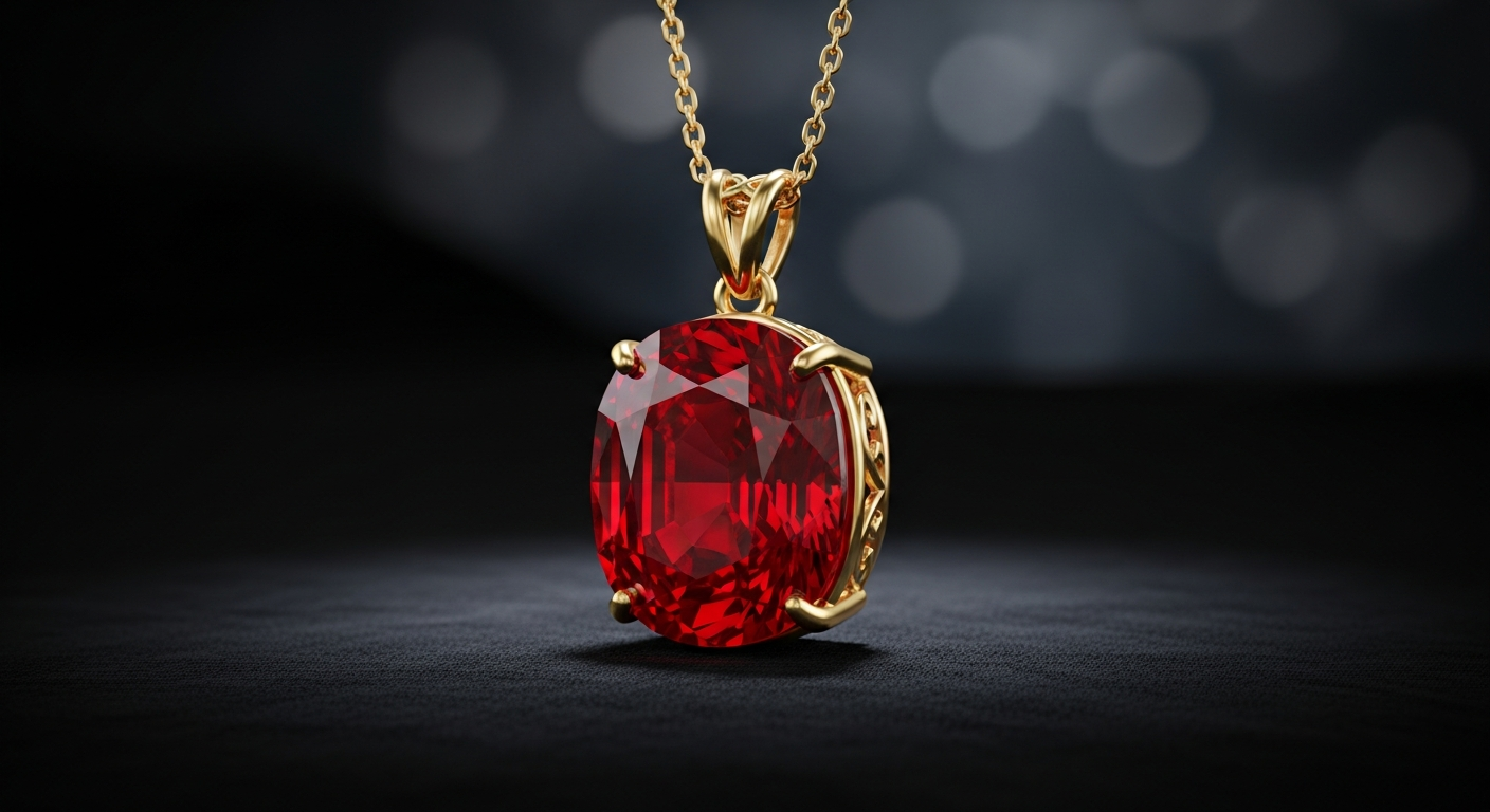 Pendentif rubis précieux serti sur or avec diamants sur fond sombre élégant
