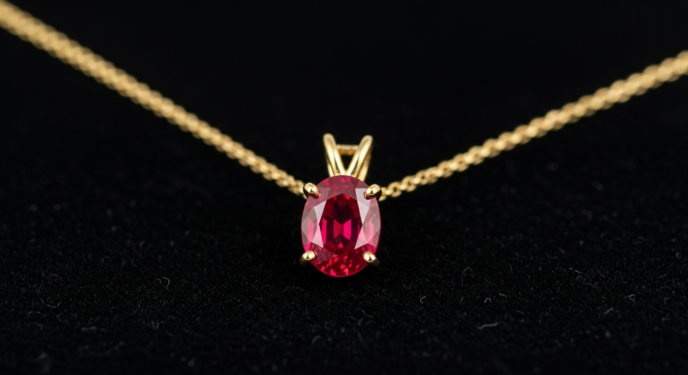 Pendentif rubis solitaire serti en or jaune 18 carats sur chaîne fine
