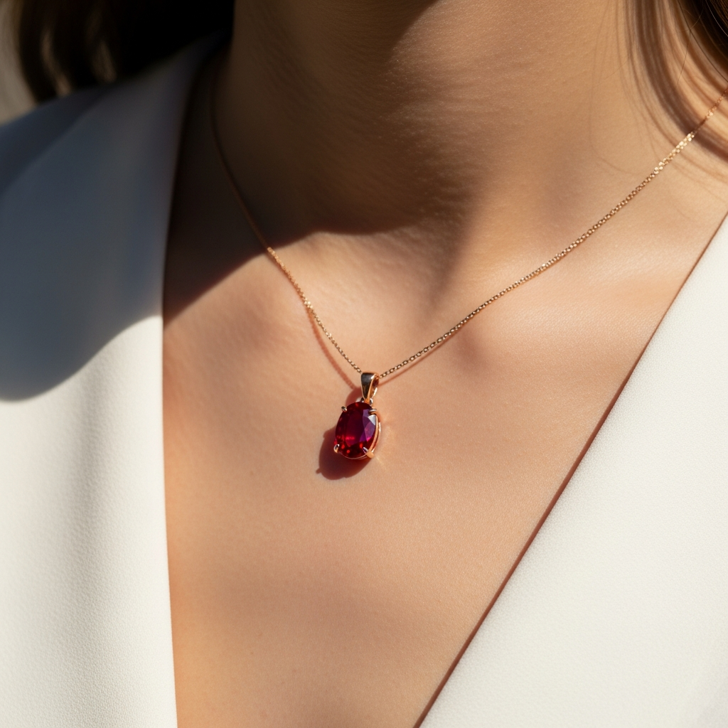 Pendentif rubis ovale en or rose 18 carats sur chaîne fine