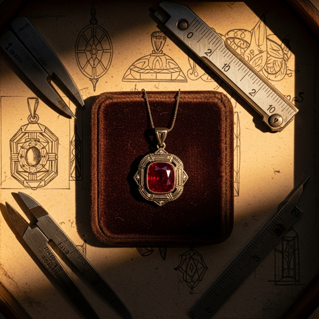 Pendentif rubis coussin pavage diamants style vintage Art Déco